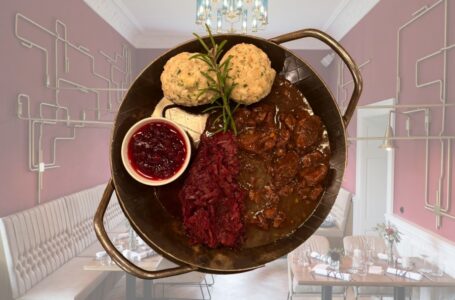 Ein Teller mit Hirschgulasch, im Hintergrund der rote Raum der tante mathilde